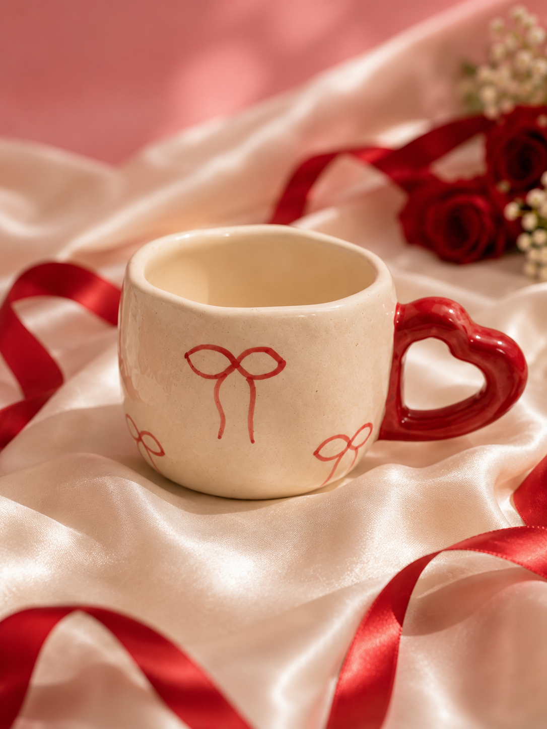 Sweetheart Bow Ceramic Mug with Heart Handle