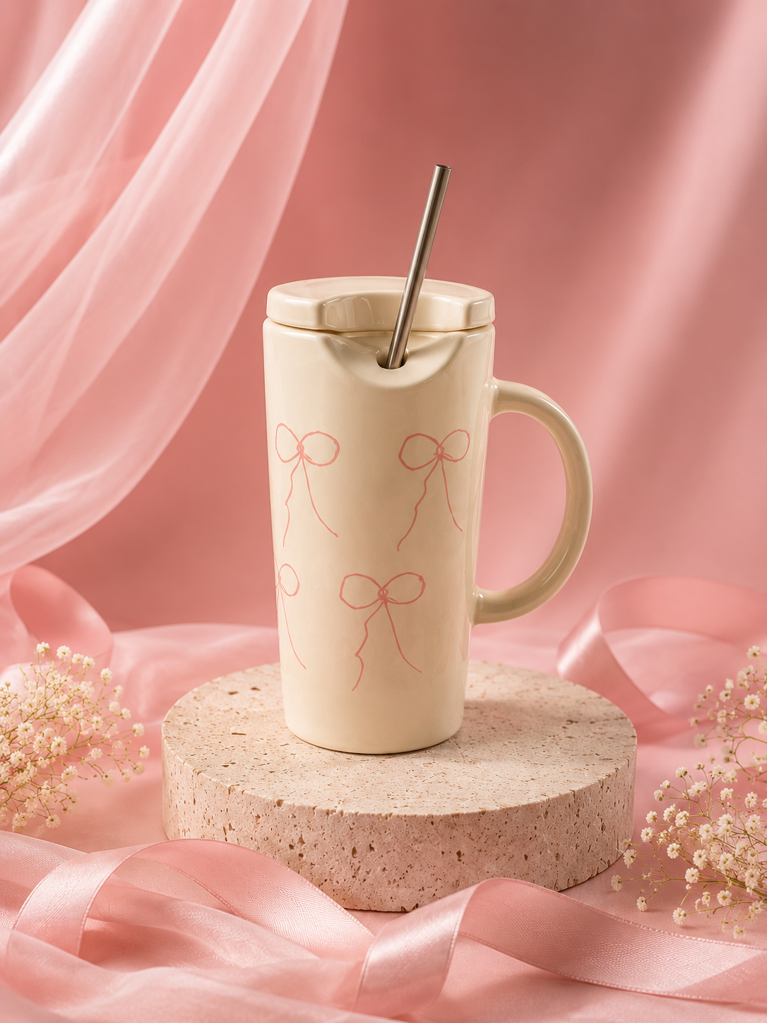 Cute Pink Bow Ceramic Tumbler With Lid & Reusable Metal Straw