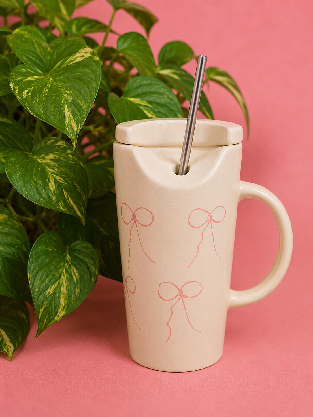 Cute Pink Bow Ceramic Tumbler With Lid & Reusable Metal Straw