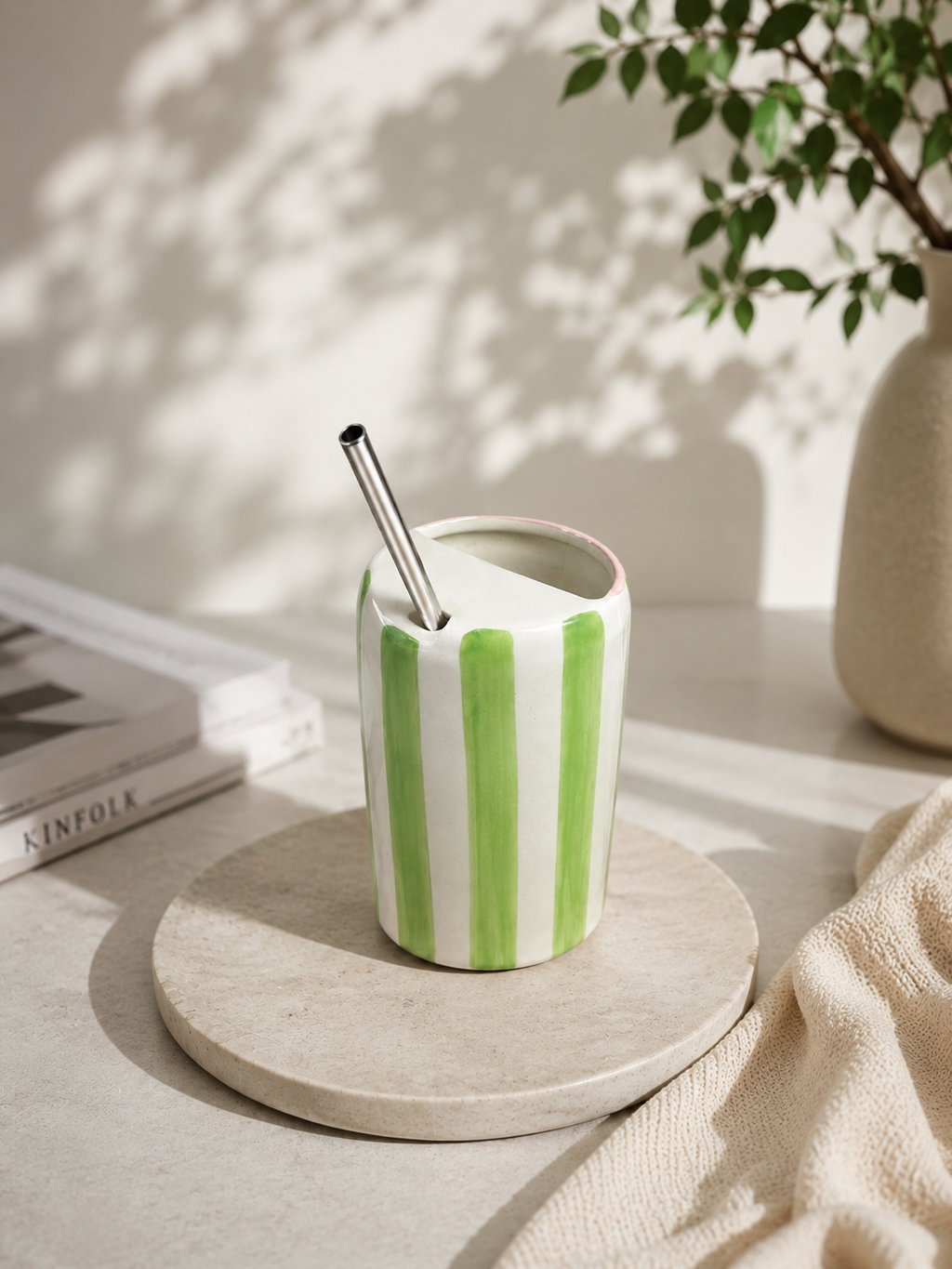 Sage Stripe Handmade Ceramic Cup