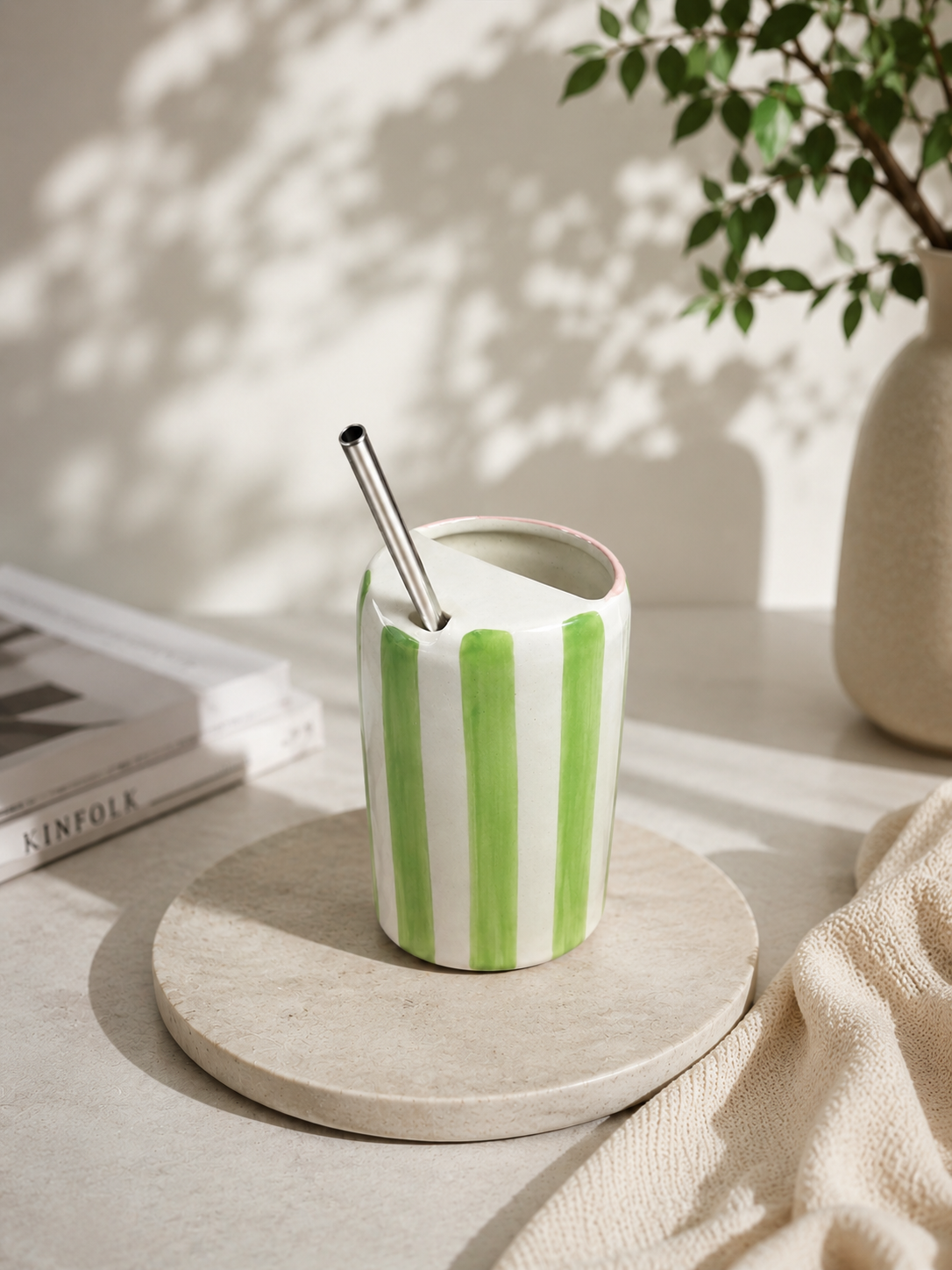Sage Stripe Handmade Ceramic Cup