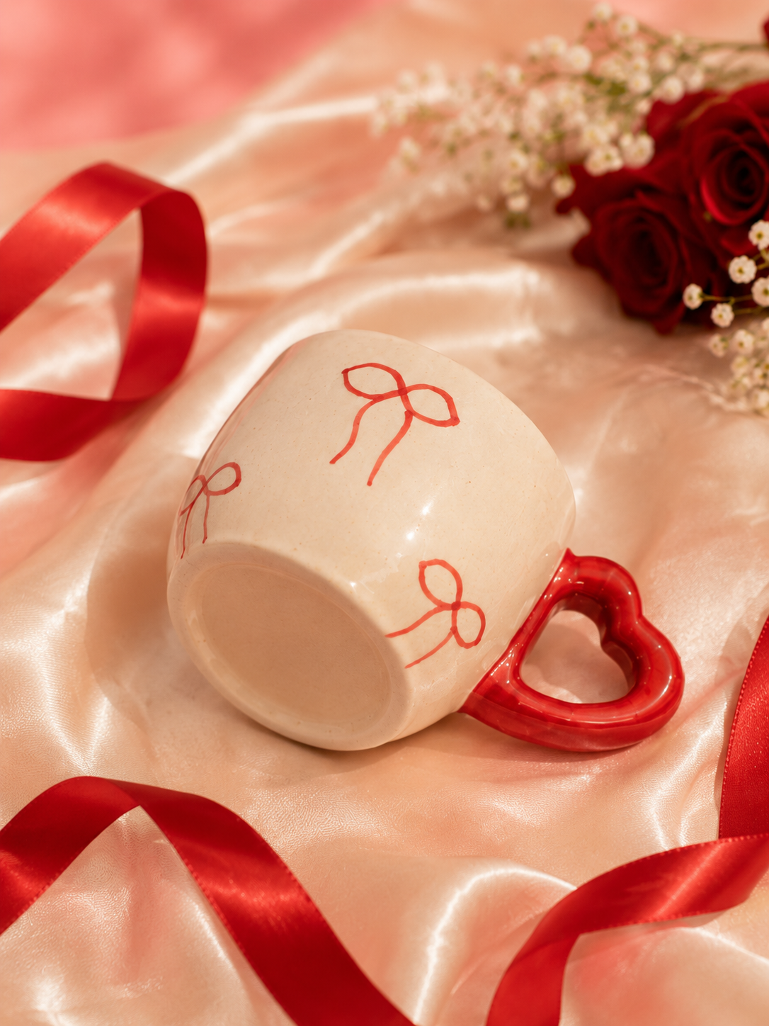 Sweetheart Bow Ceramic Mug with Heart Handle