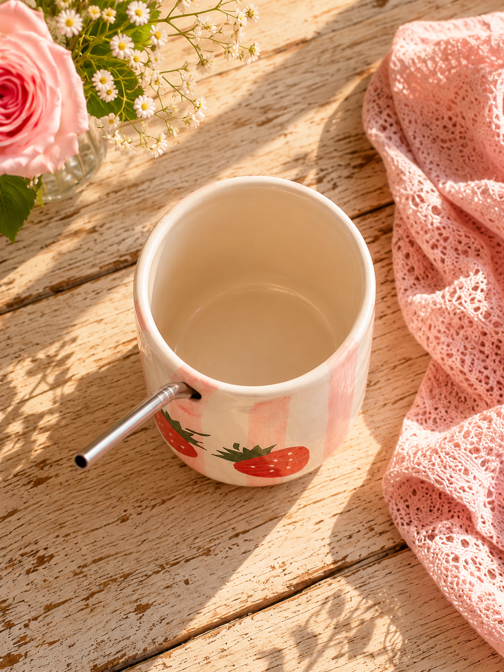 Strawberry Ceramic Sipper Mug with Stainless Steel Straw