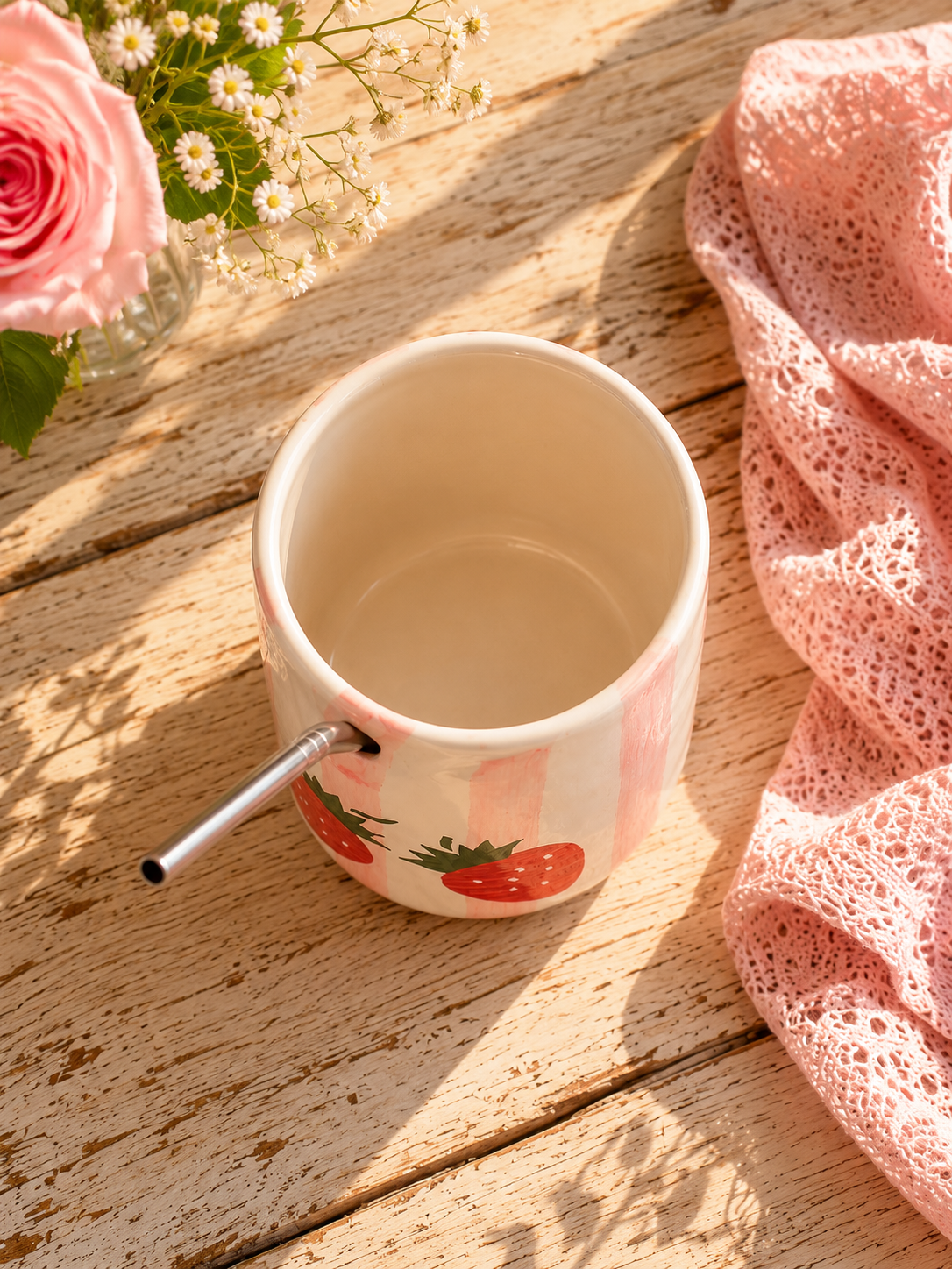 Strawberry Ceramic Sipper Mug with Stainless Steel Straw