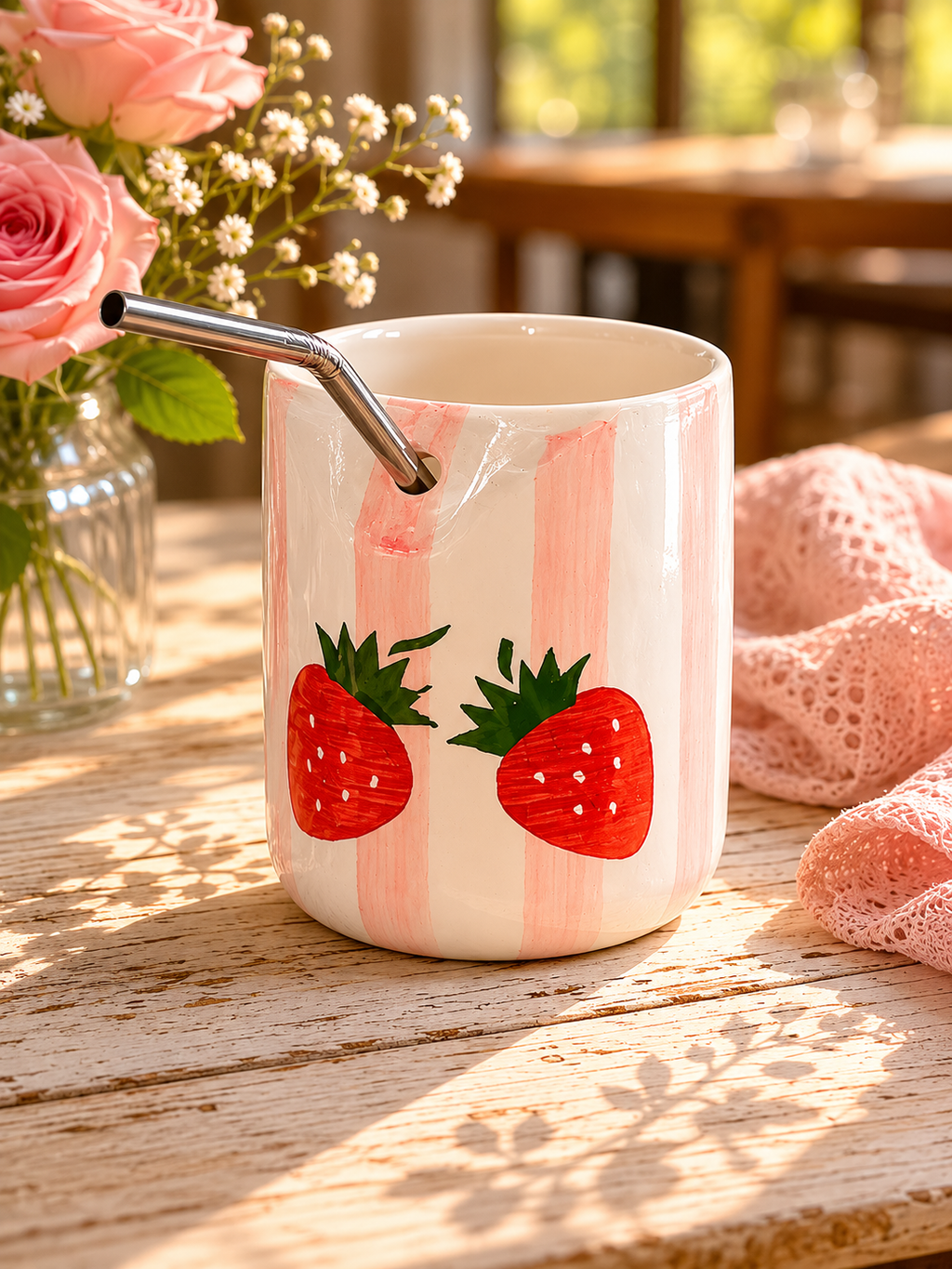 Strawberry Ceramic Sipper Mug with Stainless Steel Straw