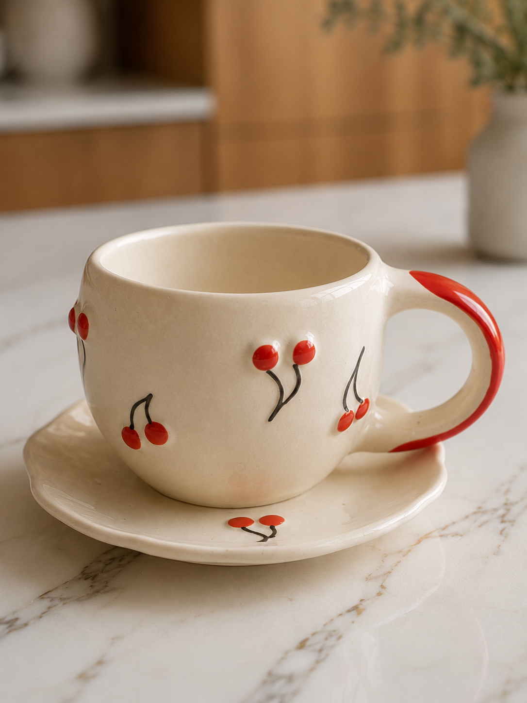 Cherry Ceramic Cup & Saucer