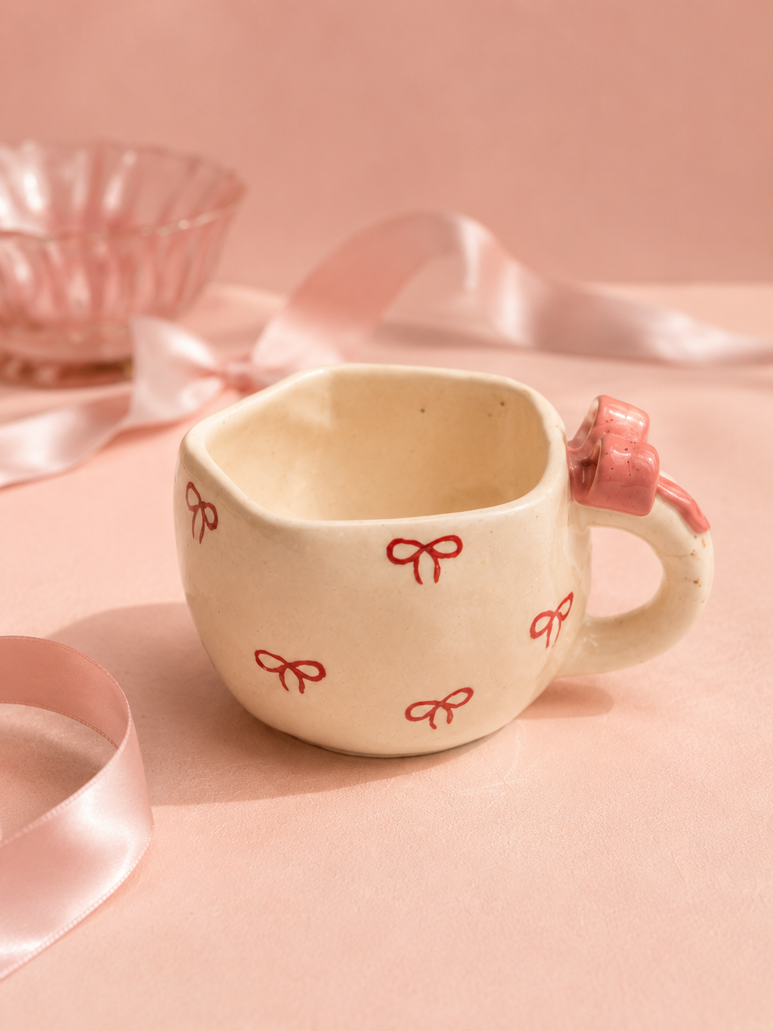 Coquette Bow Handmade Ceramic Mug with Pink Bow Handle
