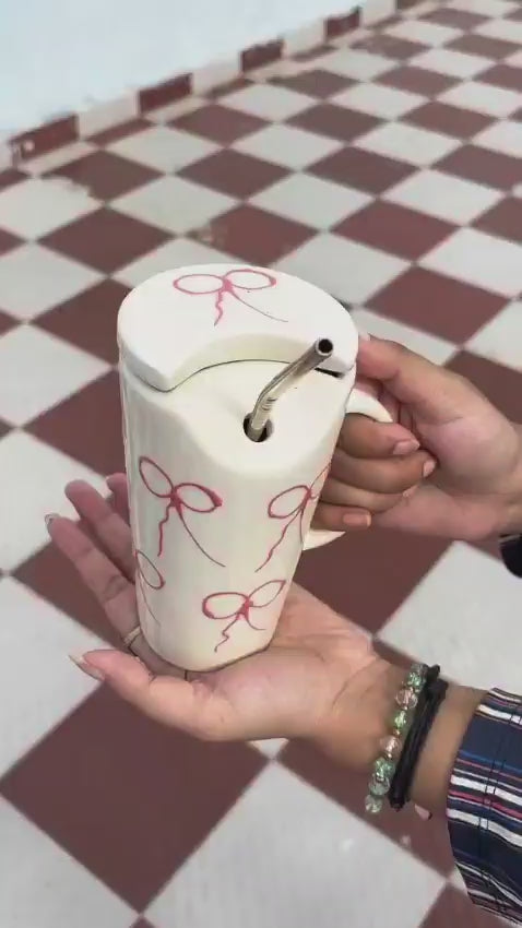 Cute Pink Bow Ceramic Tumbler With Lid & Reusable Metal Straw